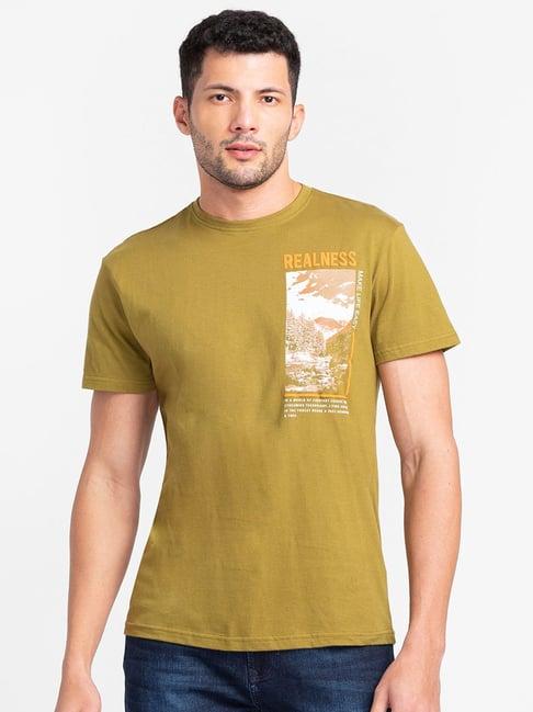 globus olive cotton regular fit printed t-shirt