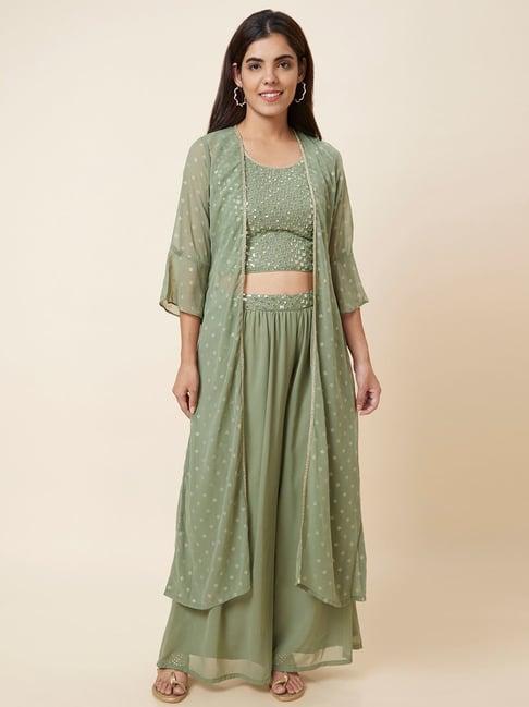 globus olive embellished crop top with shrug & sharara