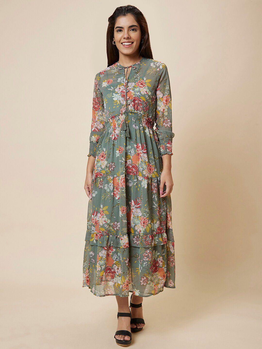 globus olive green & white floral printed tie-up neck fit & flare maxi dress