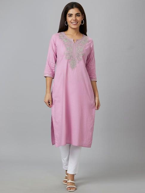 globus onion pink cotton floral straight kurta