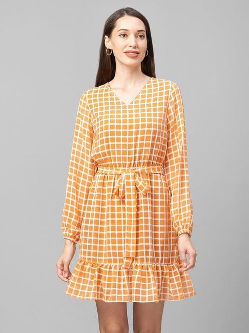 globus orange chequered a-line dress