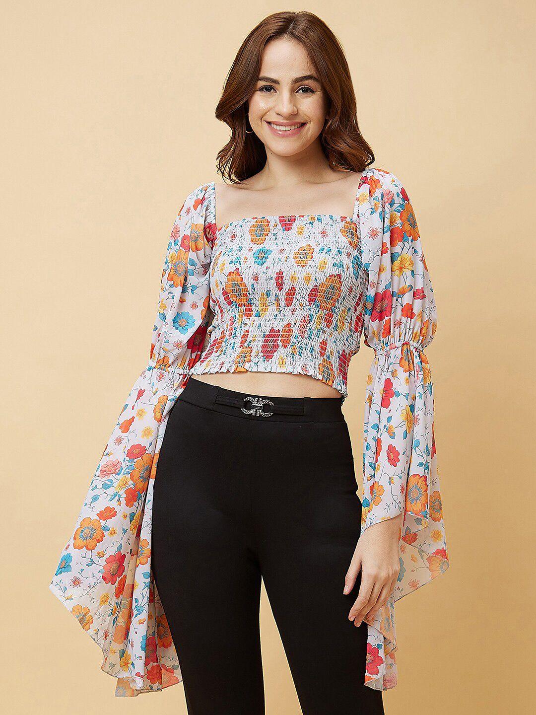 globus orange-coloured floral printed bell sleeves smocked crop top