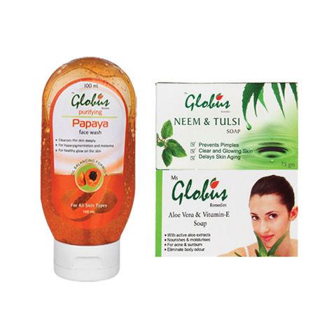 globus papaya facewash+ neem soap+ aloe soap (150 g + 100 ml)