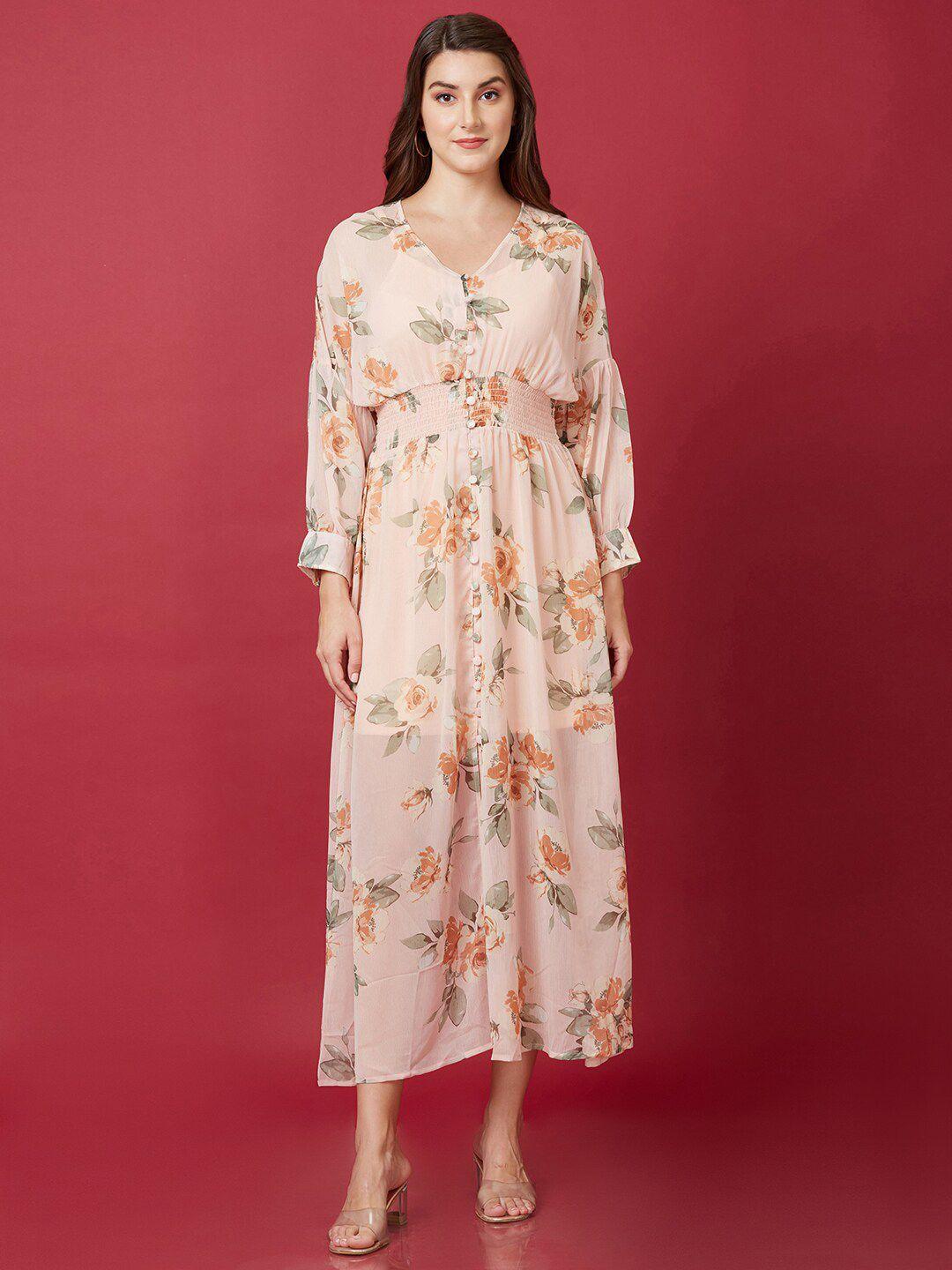 globus peach-coloured floral printed v-neck smocked a-line midi dress with inner slip