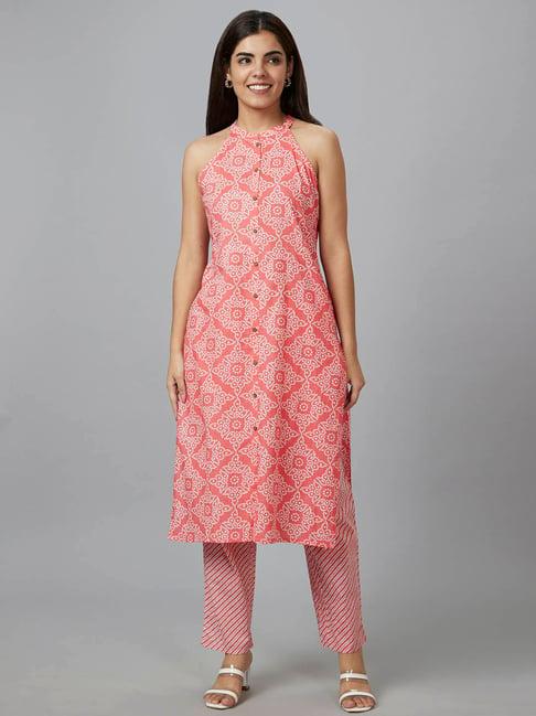 globus peach cotton printed kurta pants set