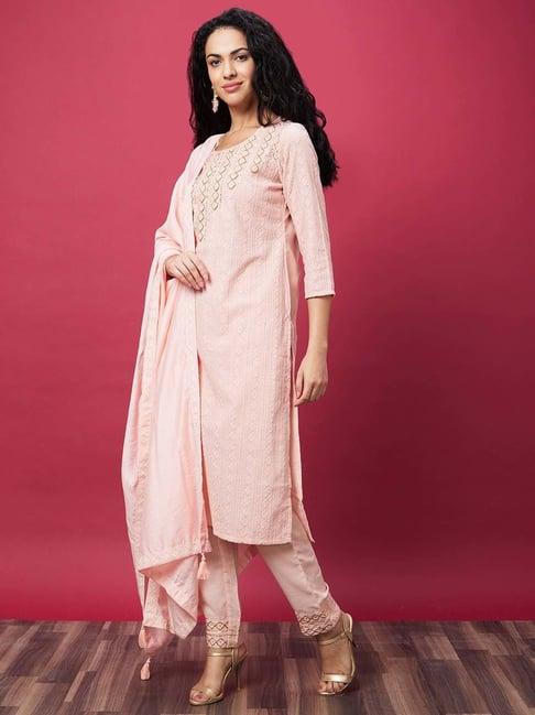 globus peach embroidered kurta with pant & dupatta