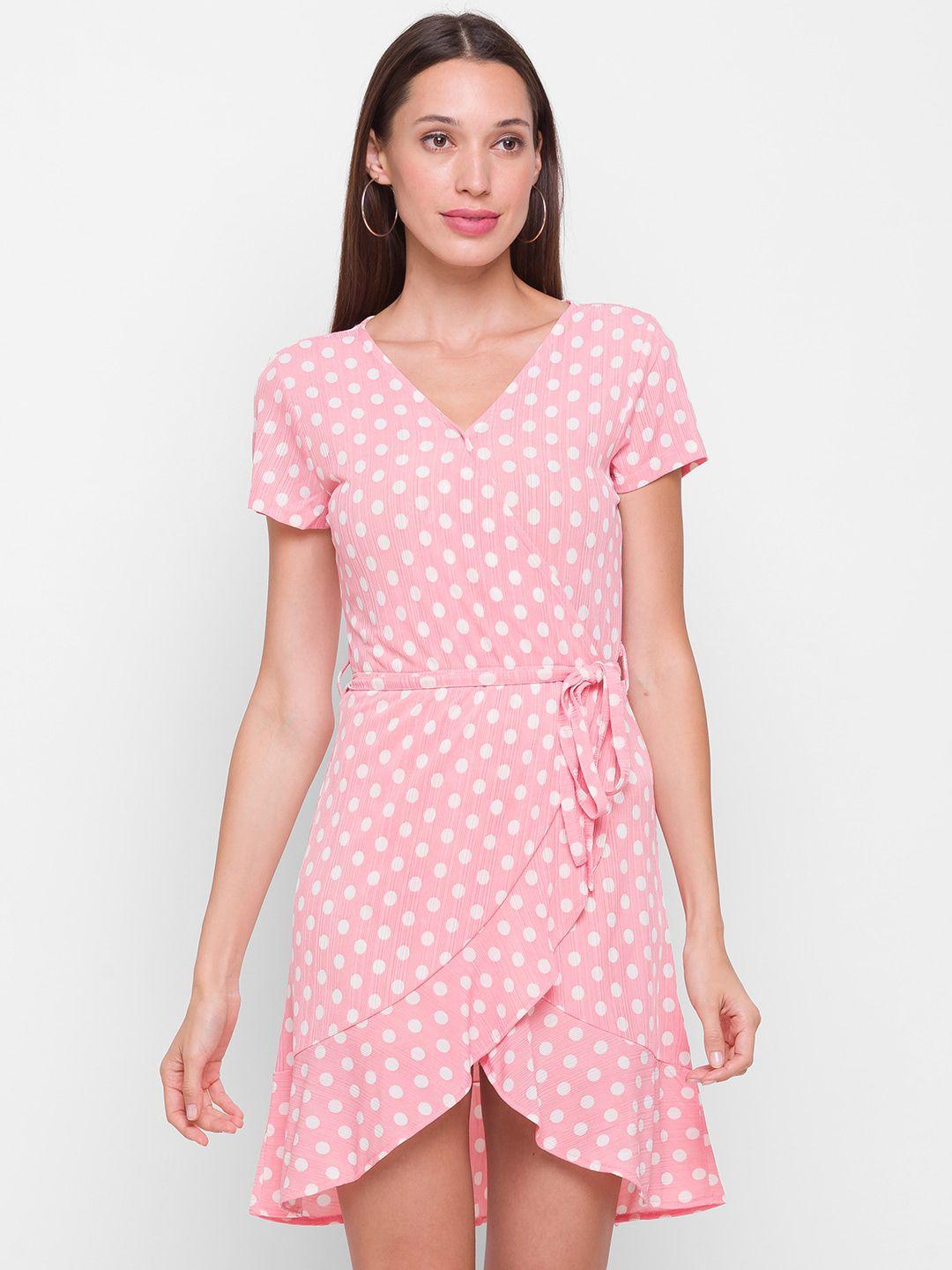 globus pink & white polka dot printed belted cotton dress