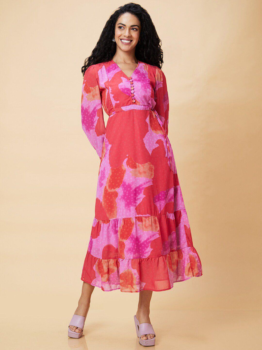 globus pink abstract printed tiered georgette fit and flare midi dress