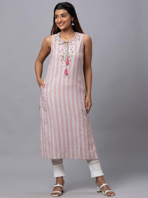 globus pink cotton embroidered straight kurta