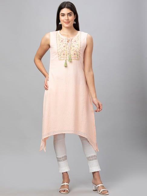 globus pink embroidered a line kurta