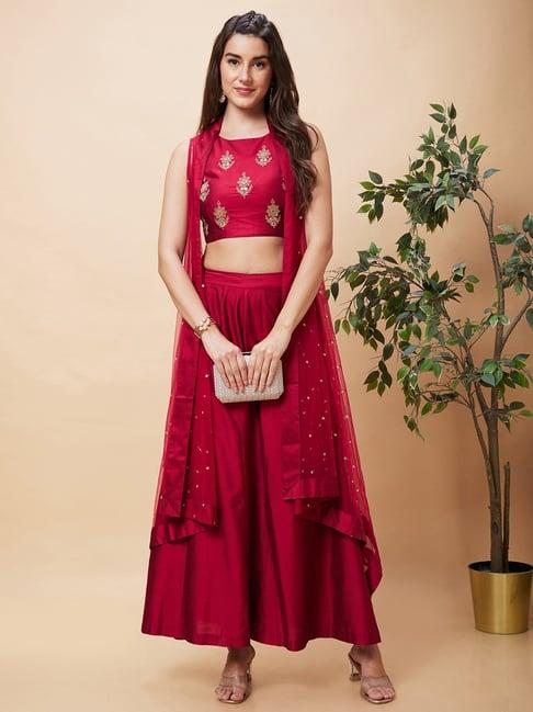 globus pink embroidered crop top with palazzos & shrug