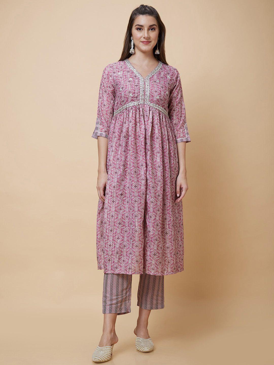 globus pink ethnic motifs printed sequinned high slit a-line kurta with trousers