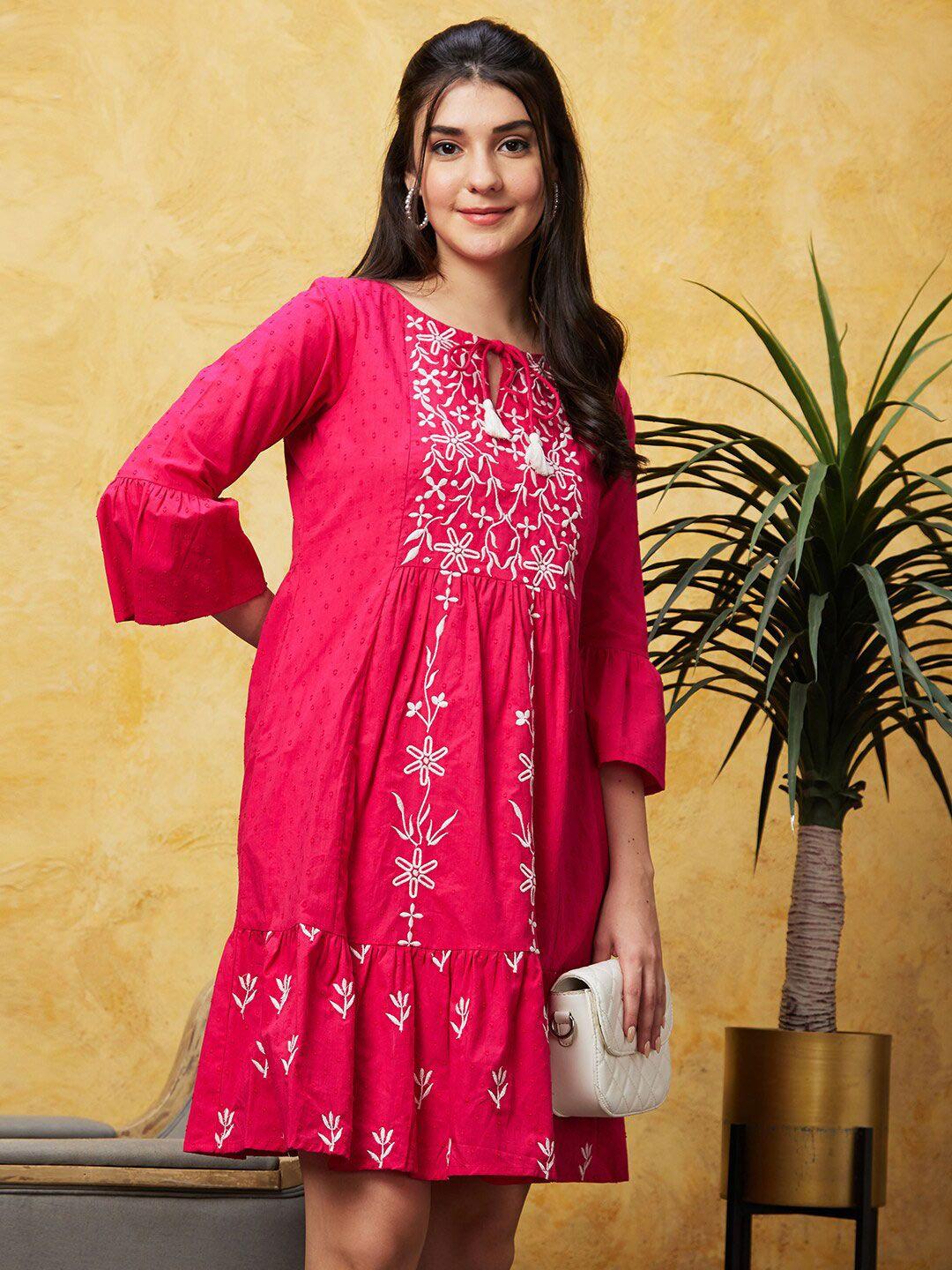 globus pink floral embroidered keyhole neck gathered pure cotton a-line ethnic dress