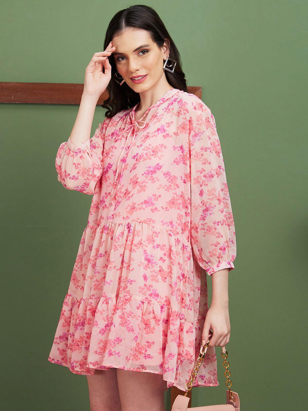 globus pink floral print georgette a-line dress