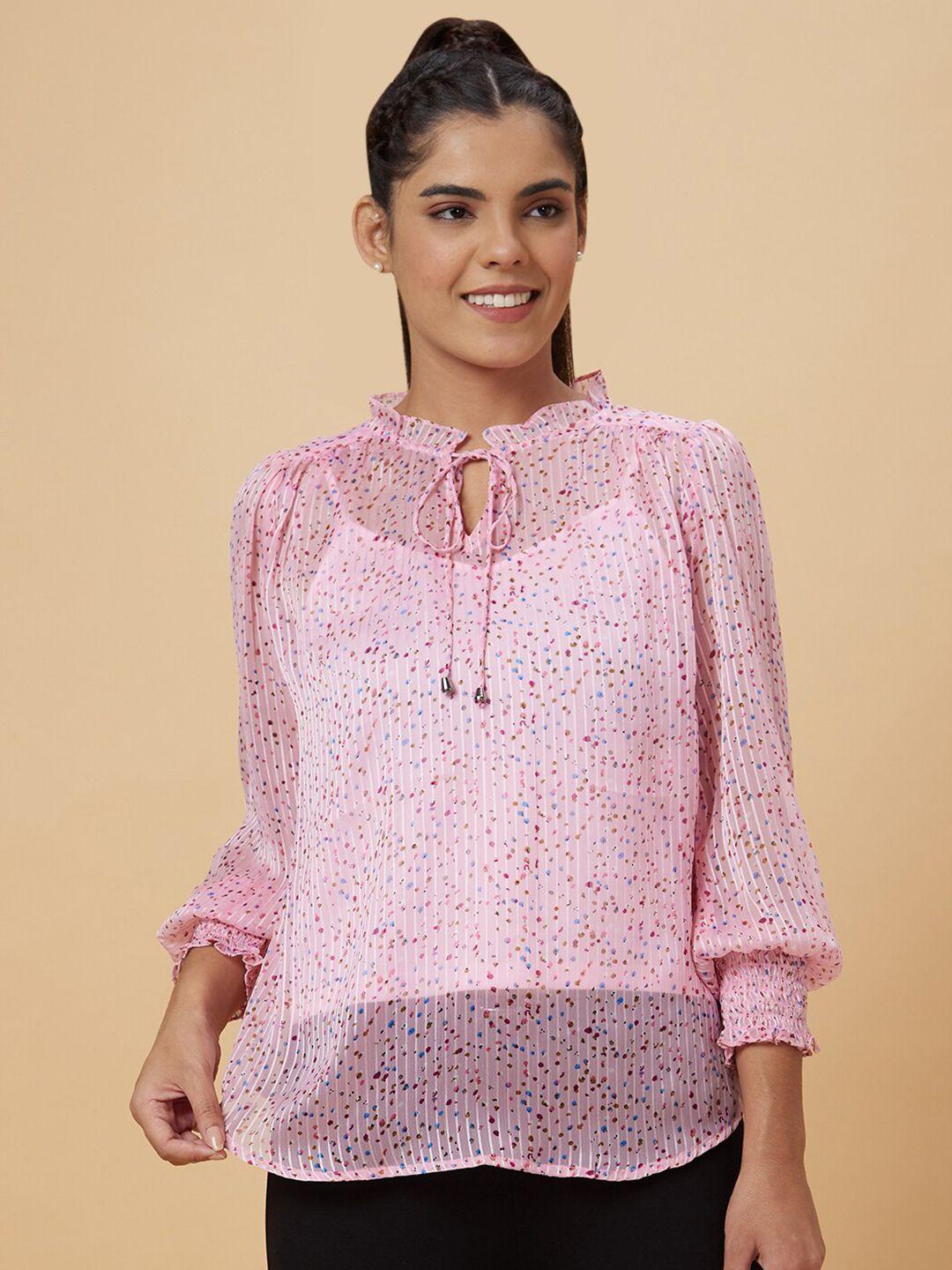 globus pink floral print tie-up neck top