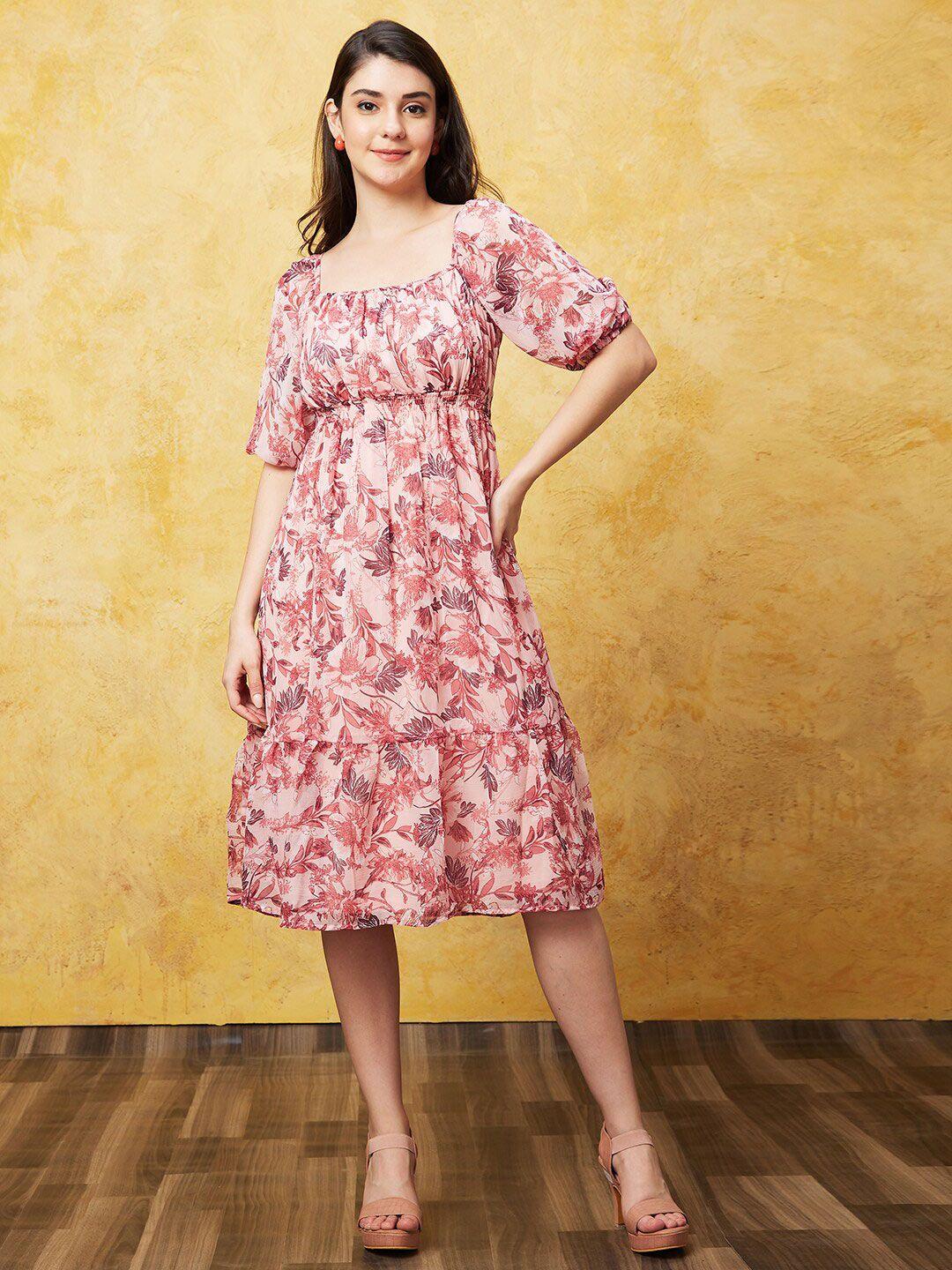 globus pink floral printed smocked a-line dress