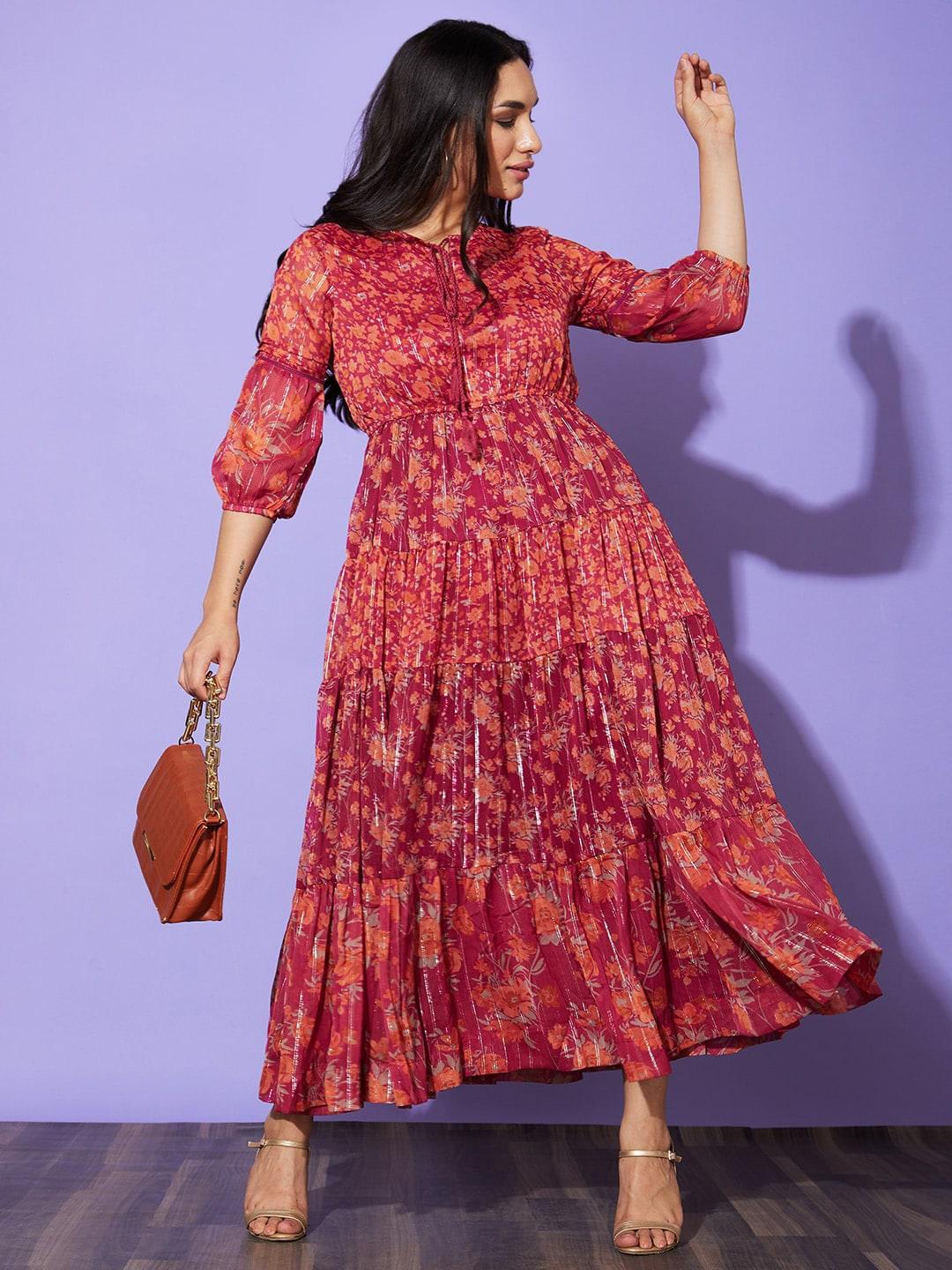 globus pink floral printed tie-up neck maxi ethnic dress