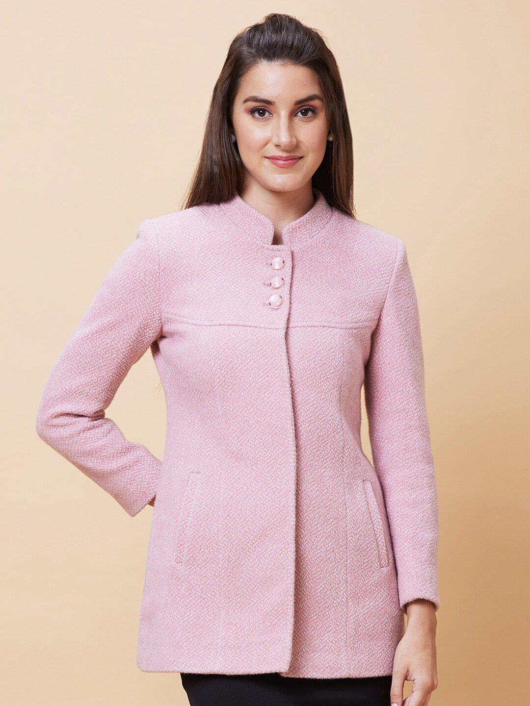 globus pink self design mandarin collar single-breasted overcoat