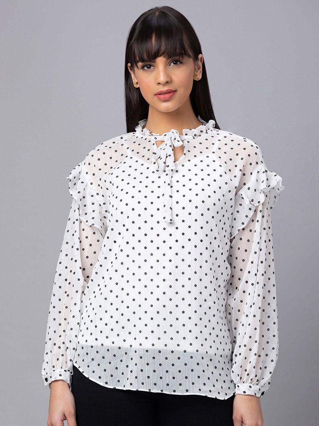 globus polka dot print tie-up neck puff sleeve ruffles top