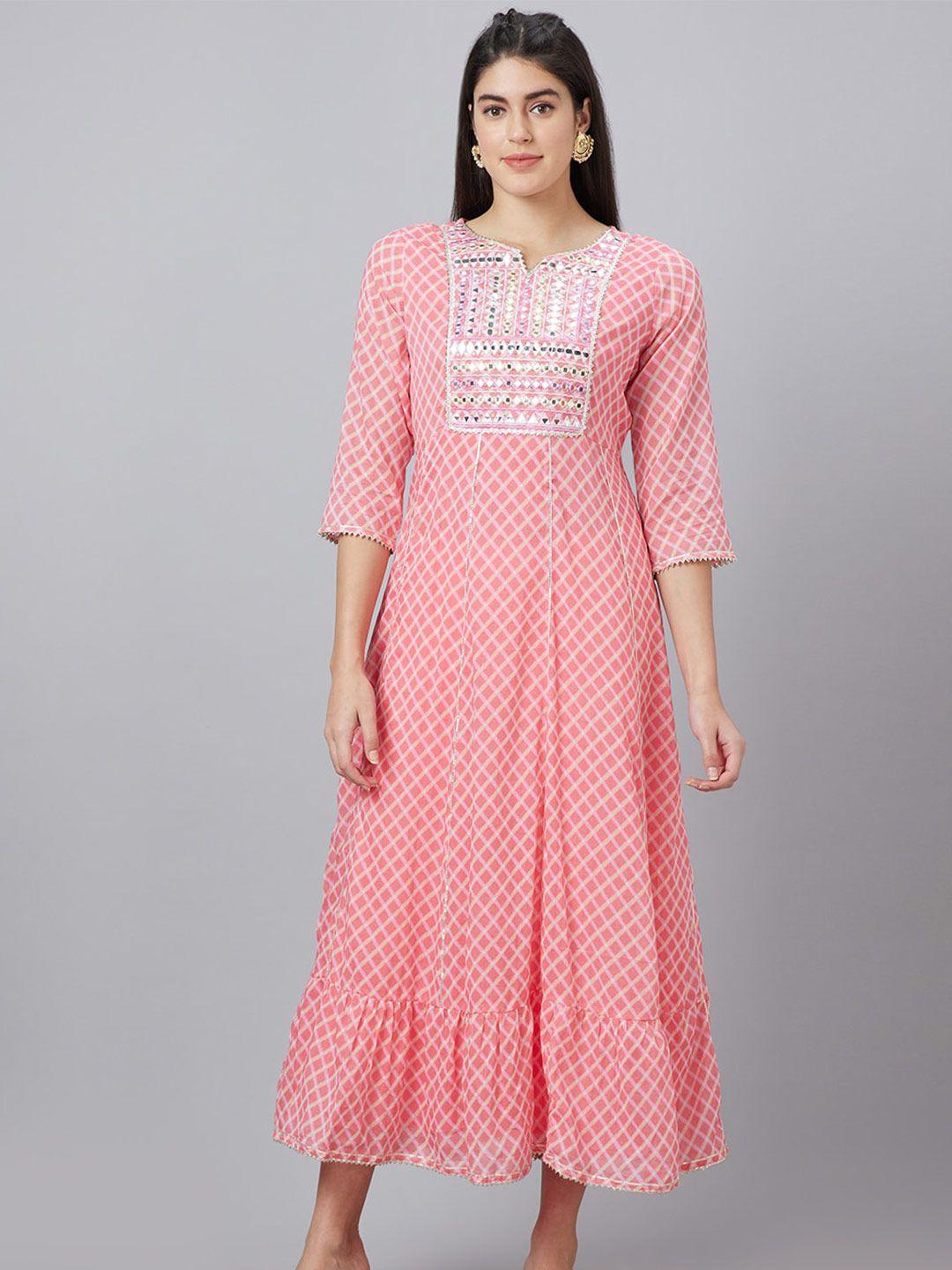 globus printed round neck embellished pure cotton ethnic dress