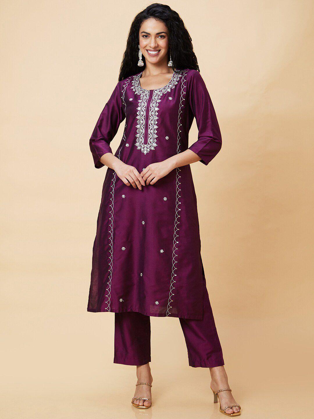 globus purple ethnic motifs embroidered thread work straight kurta with trousers