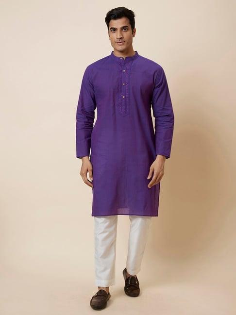 globus purple regular fit striped cotton kurta