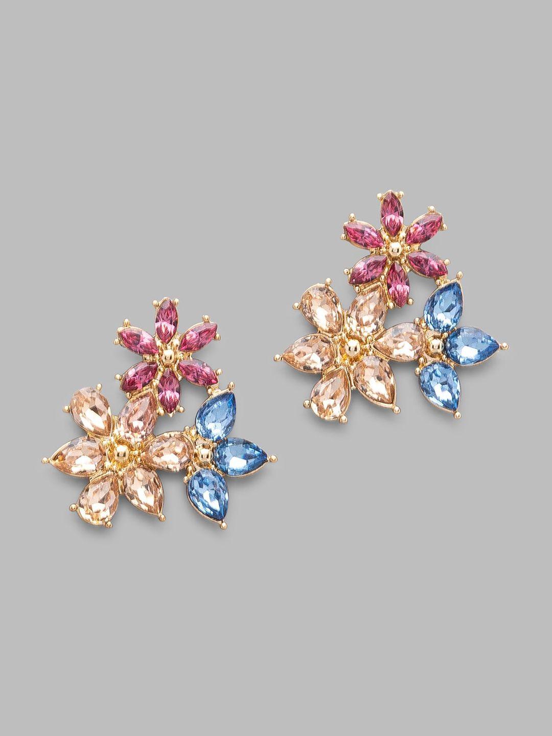 globus red & blue floral gold plated stud earrings