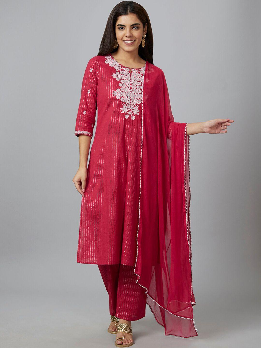 globus red & white floral embroidered zari pure cotton kurta with palazzos & dupatta