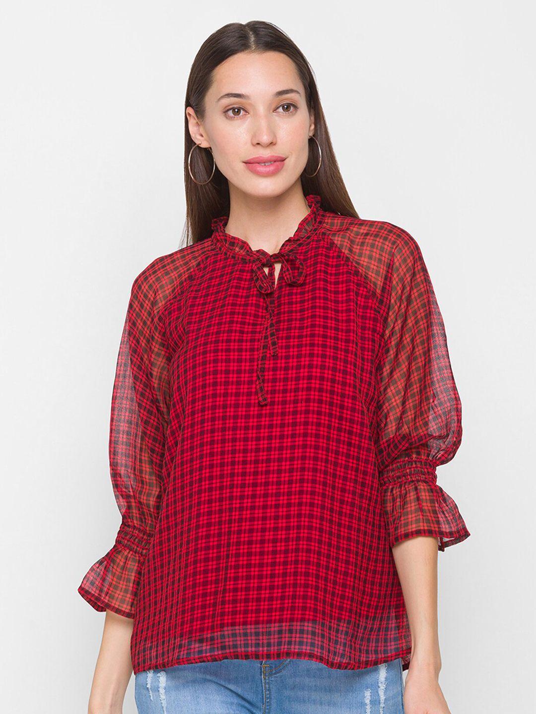 globus red checked tie-up neck georgette top