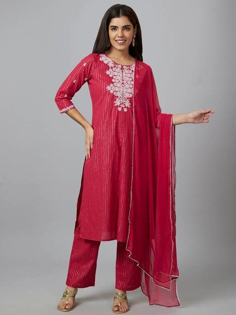 globus red cotton embroidered kurta with pants & dupatta