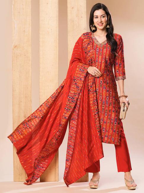 globus red embroidered kurta with pants & dupatta