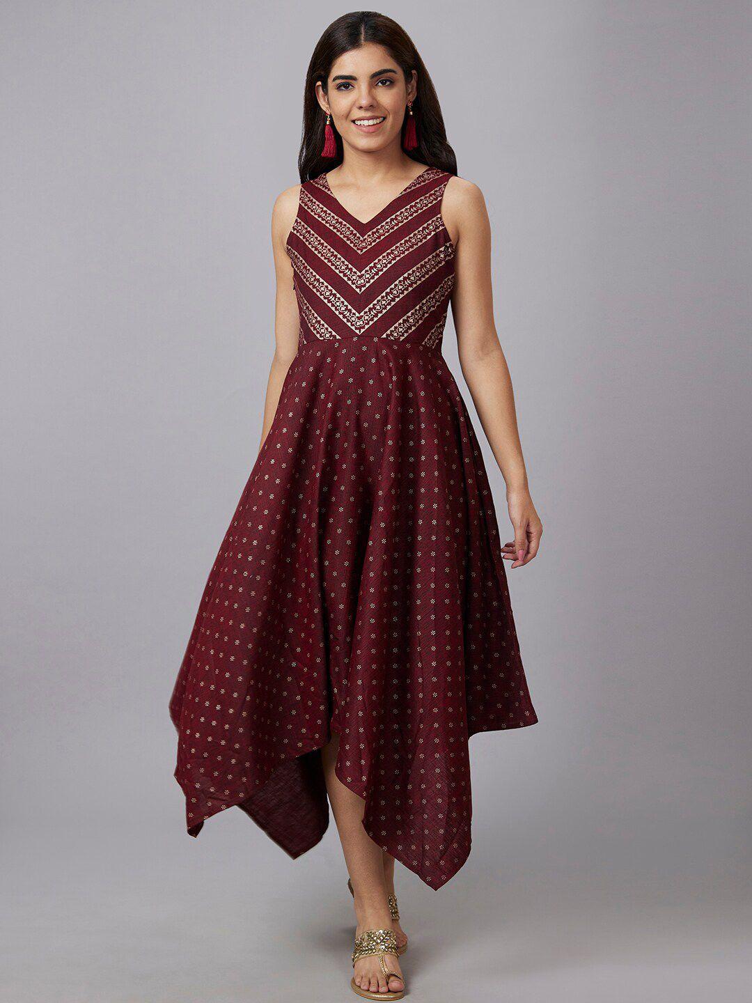 globus red ethnic motifs printed v-neck fit and flare maxi dress