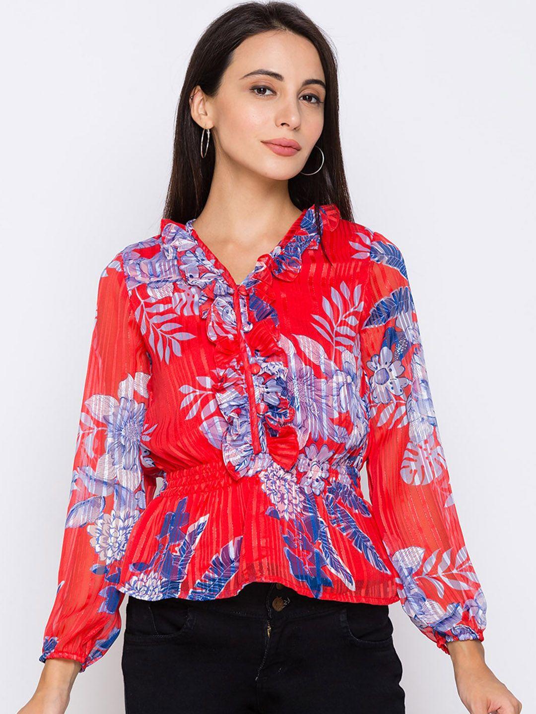 globus red floral cinched waist top