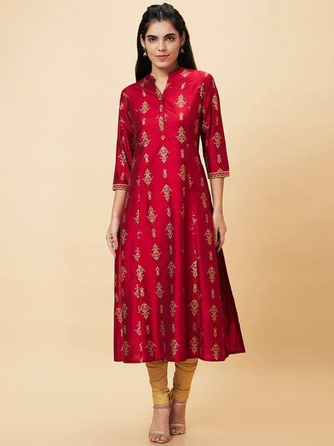 globus red floral print kurta