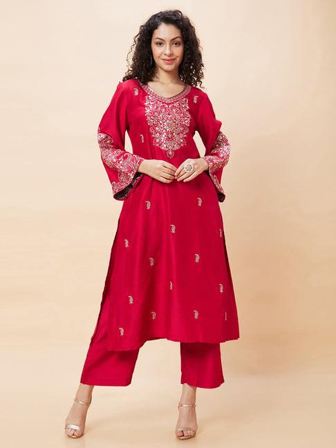 globus red printed kurta pant set