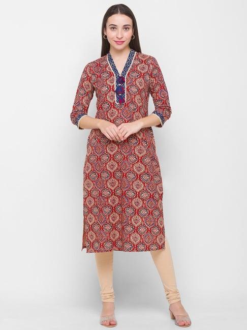 globus red printed straight kurta