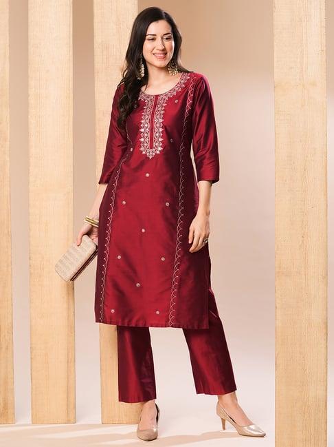 globus red silk embellished kurta with pants