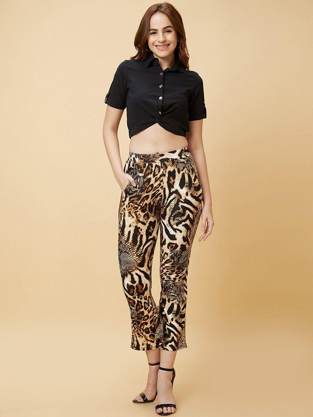 globus shirt collar crop top with printed trousers co-ords