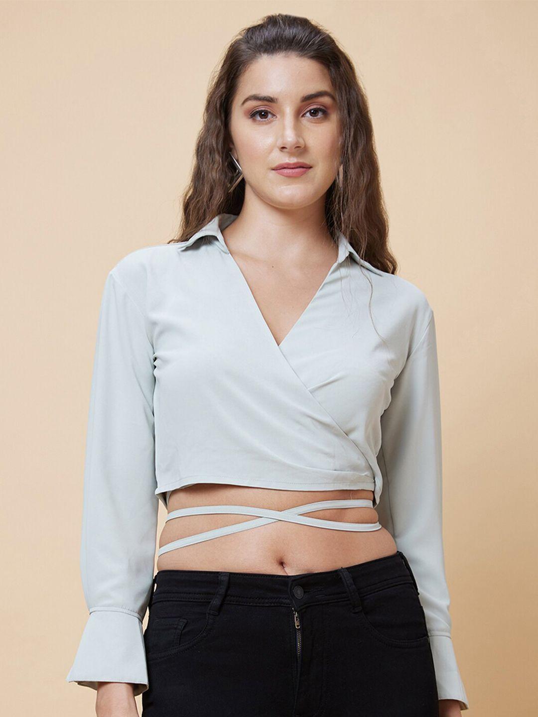 globus shirt collar waist tie-up wrap crop top