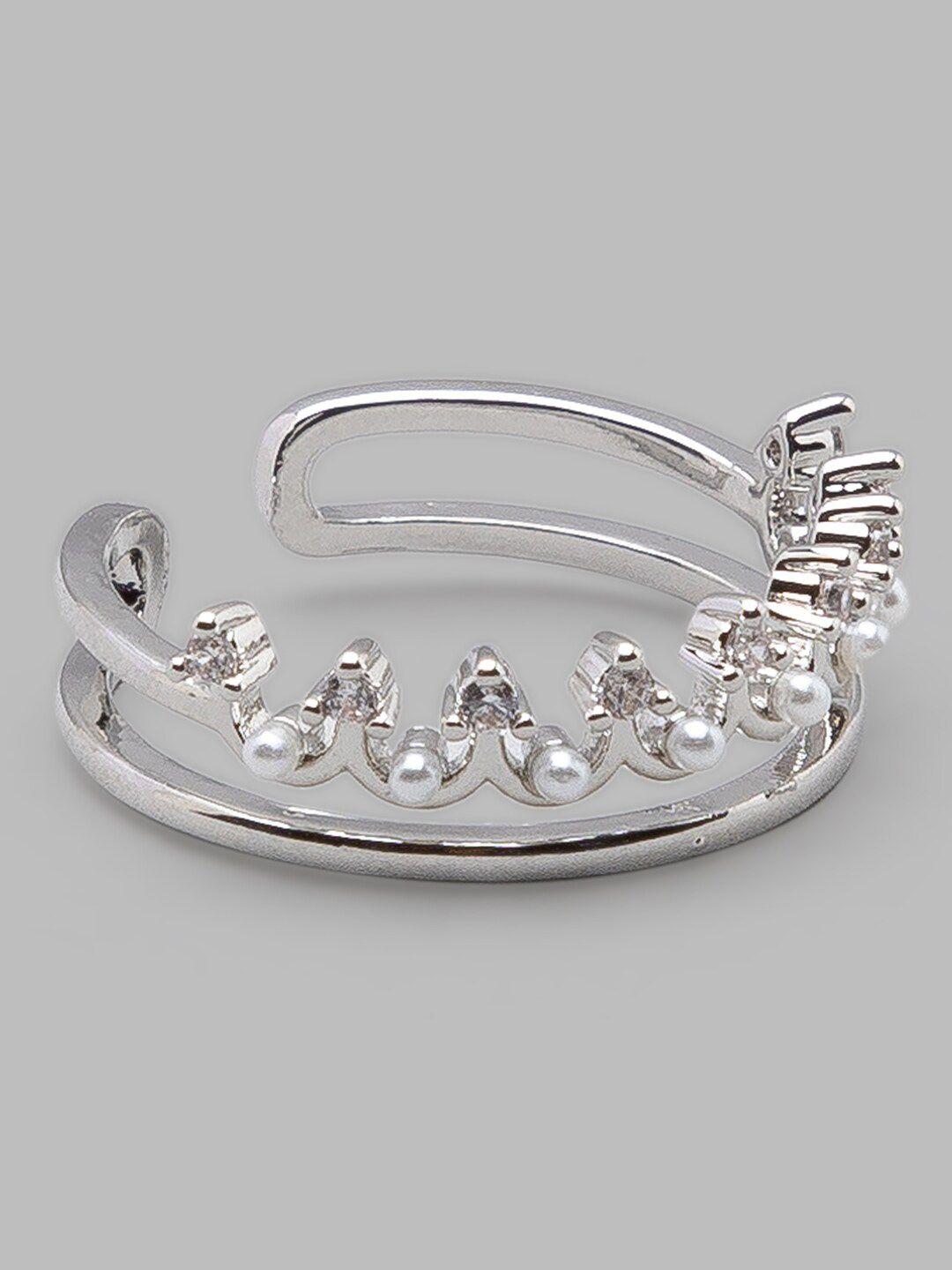 globus silver-plated white stone-studded & beaded adjustable finger ring
