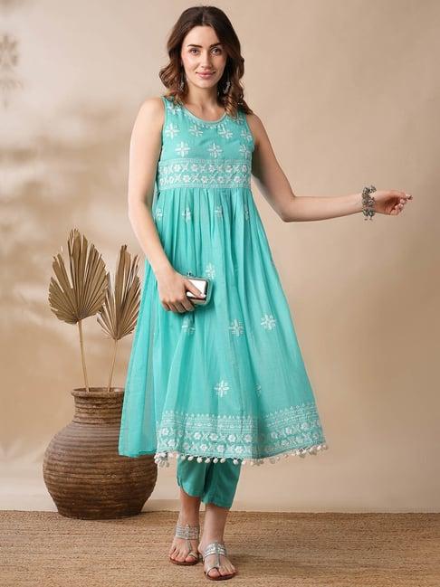 globus sky blue embroidered kurta pant set