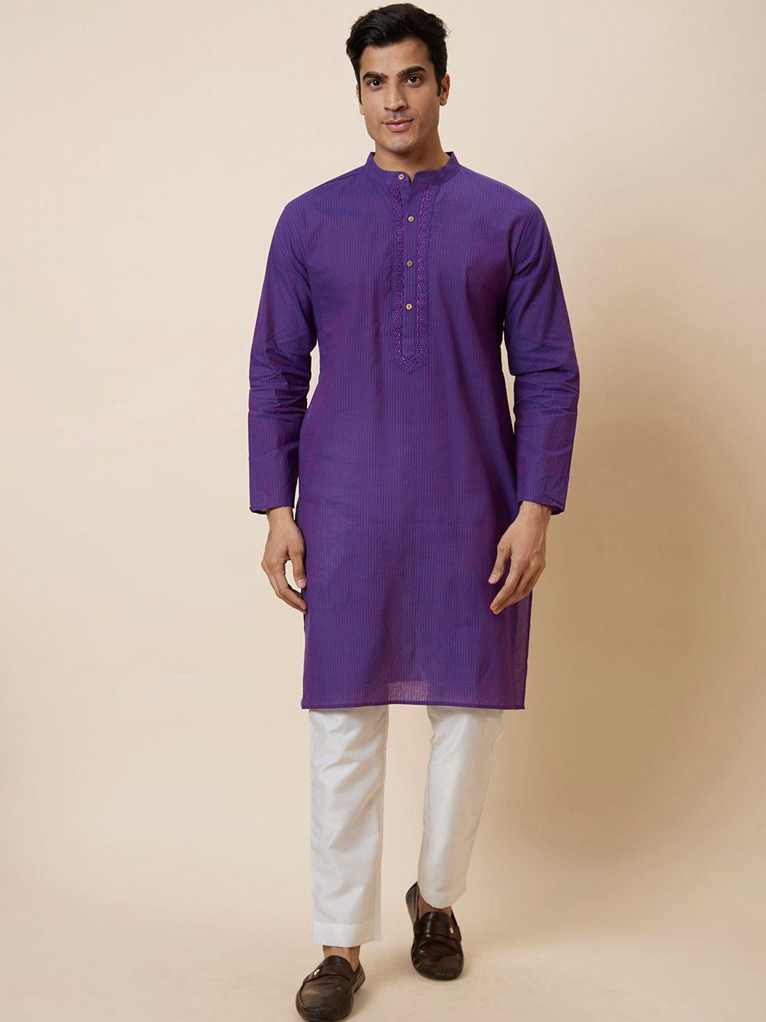 globus striped mandarin collar thread work pure cotton kurta