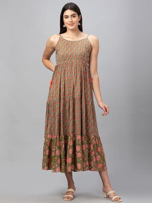 globus taupe cotton floral print a-line dress