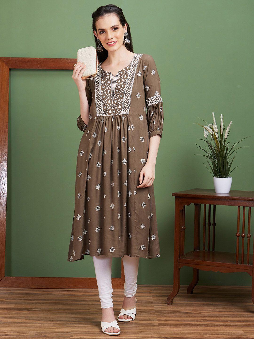 globus taupe ethnic motifs embroidered thread work anarkali kurta