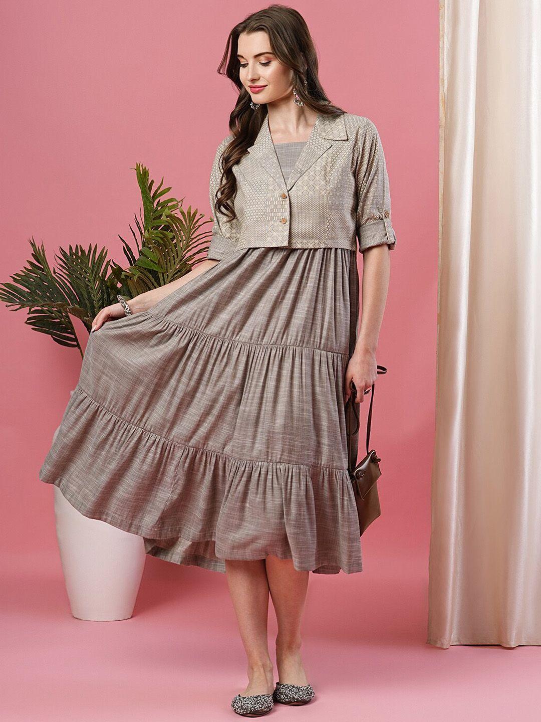 globus taupe square neck tiered a-line ethnic dress