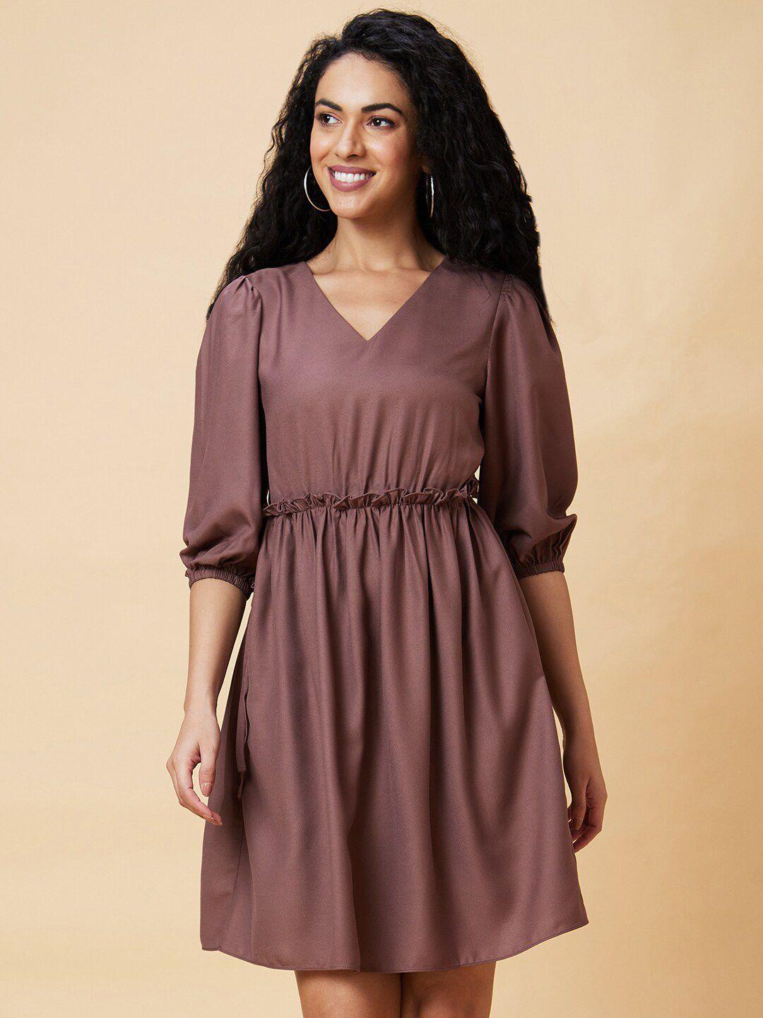 globus taupe v-neck puff sleeve gathered a-line dress