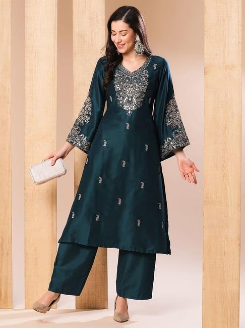 globus teal embellished kurta with pants