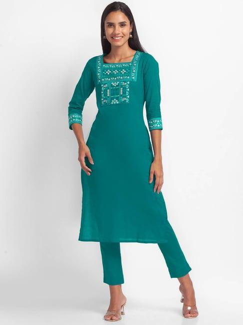 globus teal embroidered kurta with pants