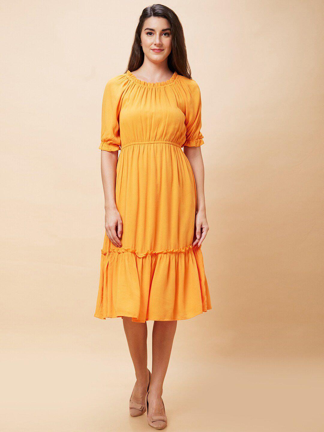 globus tiered puff sleeve gathered or pleated fit & flare dress