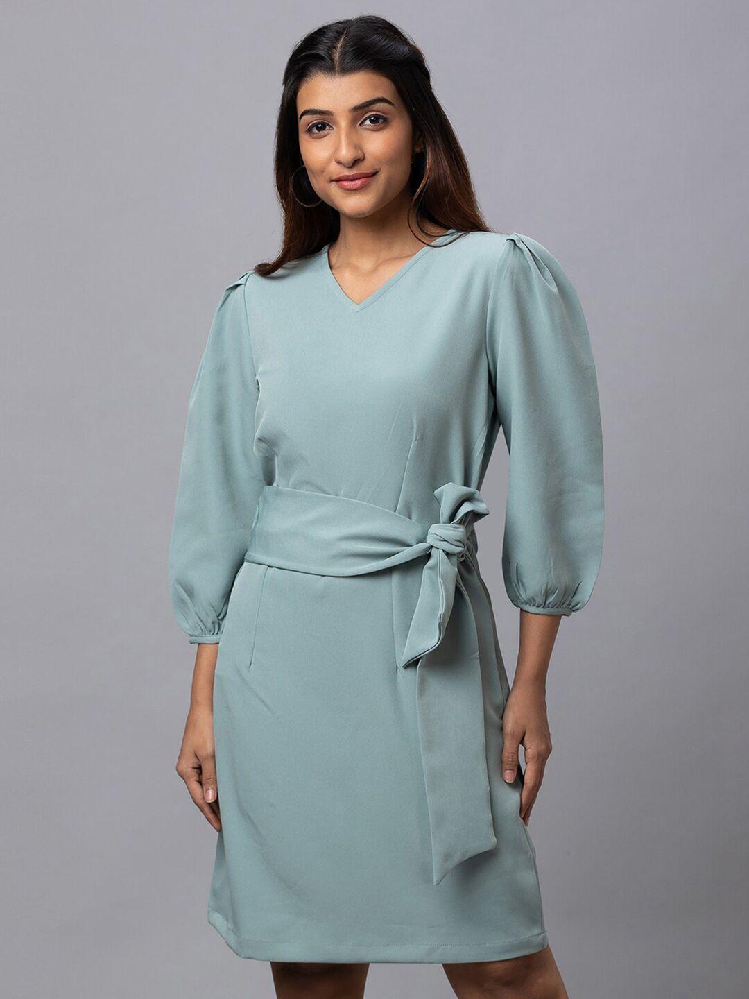 globus v-neck puff sleeves tie-up a-line dress